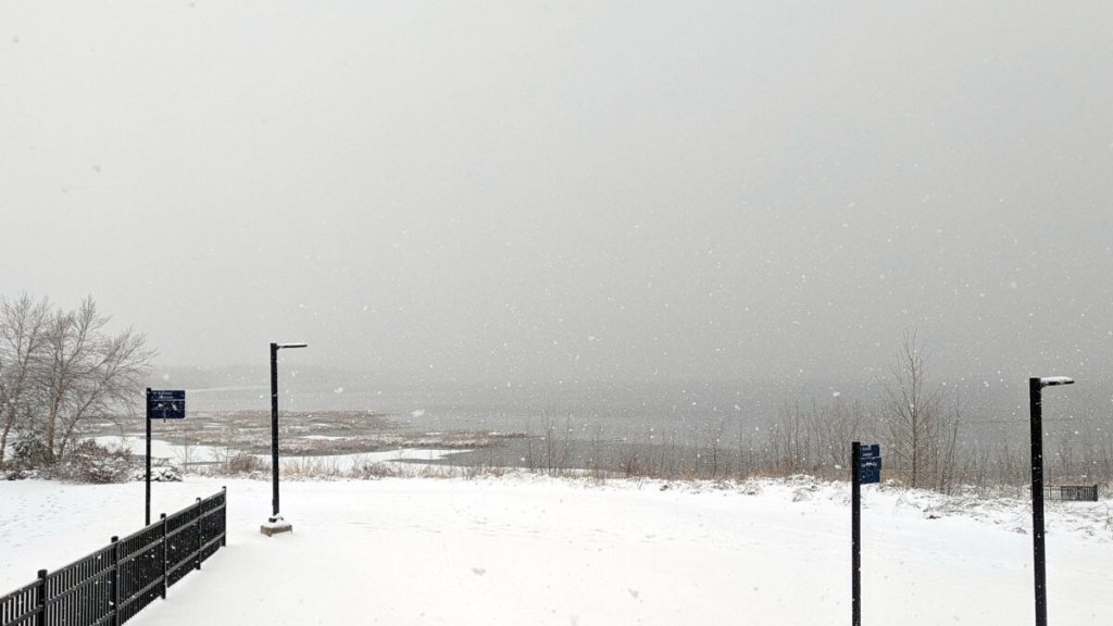 View across Onondaga Lake. There is snow on the ground and in the air. The sky is grey. The far side of the lake is not visible.