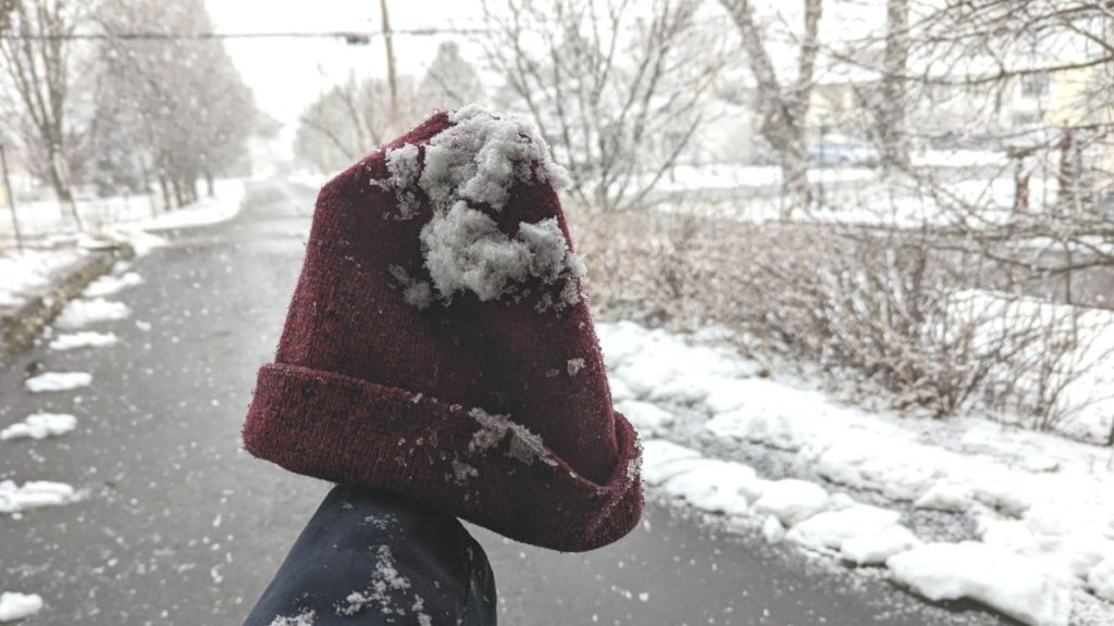 An arm holding out a red knit cap which is partly covered in snow. In the out of focus background, snow is falling in a suburban neighborhood.
